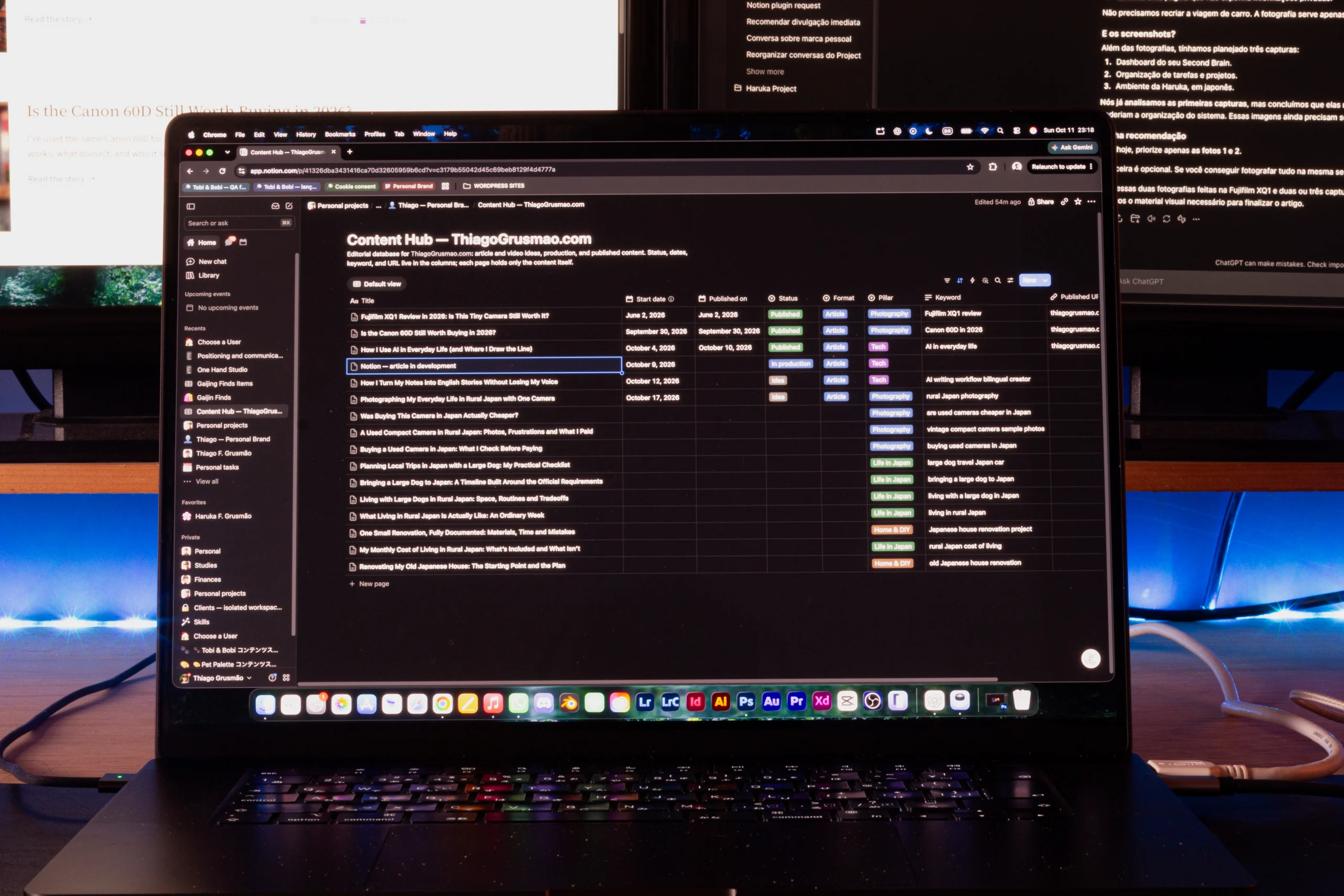 Thiago's Notion workspace for organizing projects and tasks.